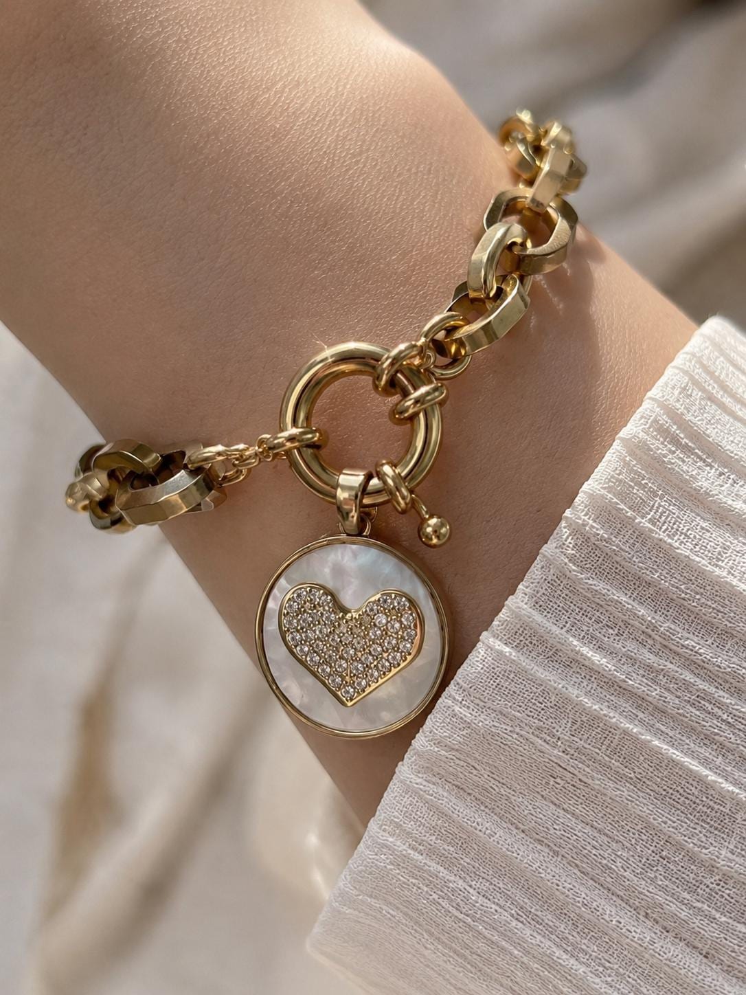 Chunky Heart Charm Bracelet Gold, 316L Stainless Steel Bracelet, 14K Gold Plated Adjustable Bracelet, Mother of Pearl Jewelry