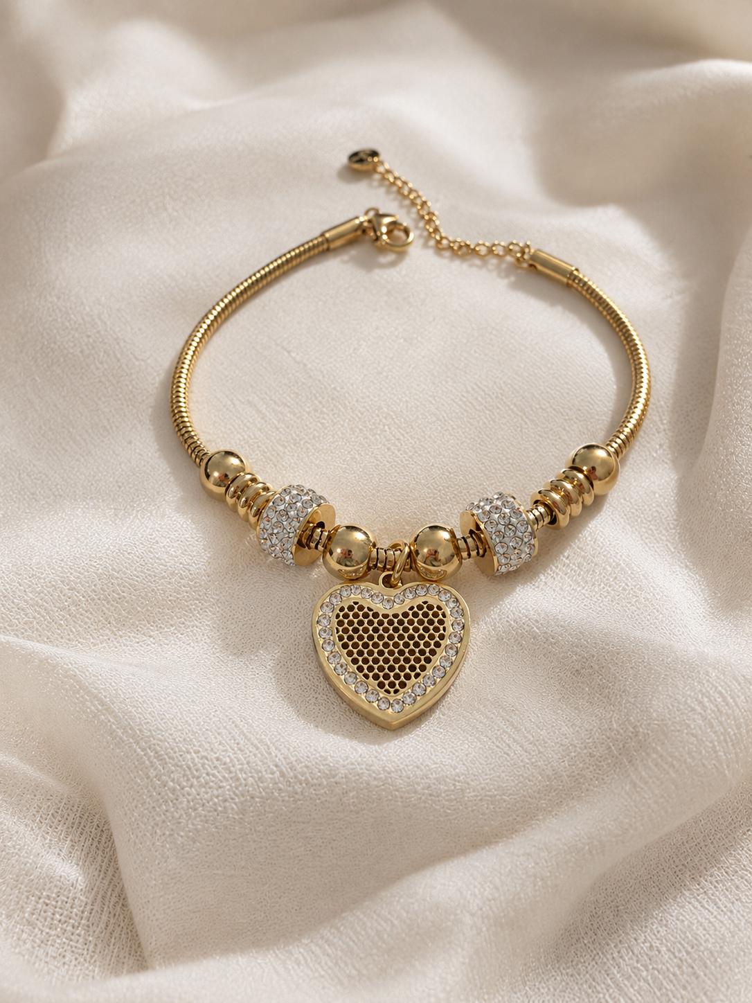 Gold Heart Bracelet, 14K Gold Plated Stainless Steel Charm Bracelet, Adjustable Dainty Bracelet, Trendy Jewelry Gift for Her