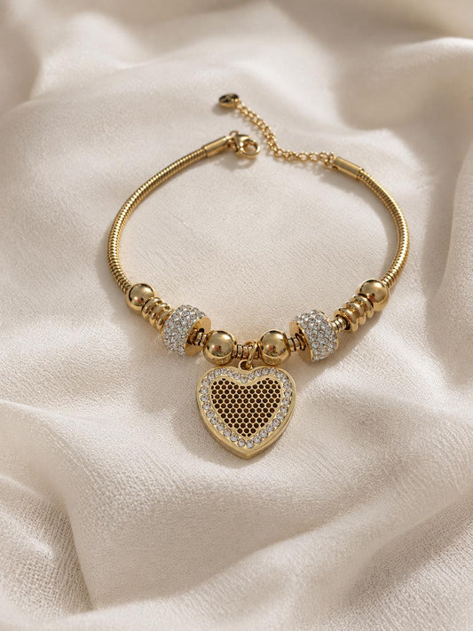 Gold Heart Bracelet, 14K Gold Plated Stainless Steel Charm Bracelet, Adjustable Dainty Bracelet, Trendy Jewelry Gift for Her