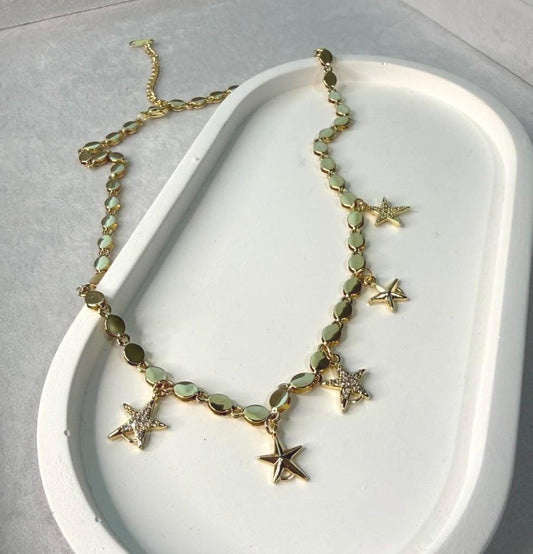 Celestial Star Charm Necklace Gold, Stainless Steel Gold Plated Necklace, Adjustable Coastal Jewelry, Dainty Layering Necklace