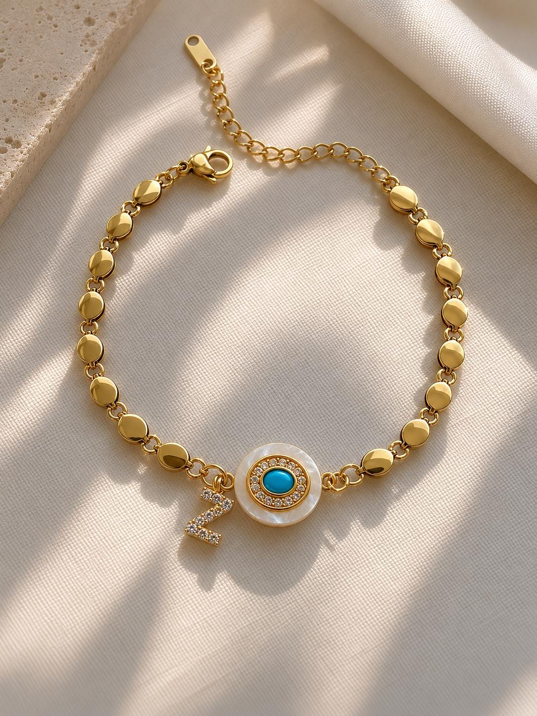 Gold Plated Stainless Steel Evil Eye Bracelet, Adjustable Chain Jewelry