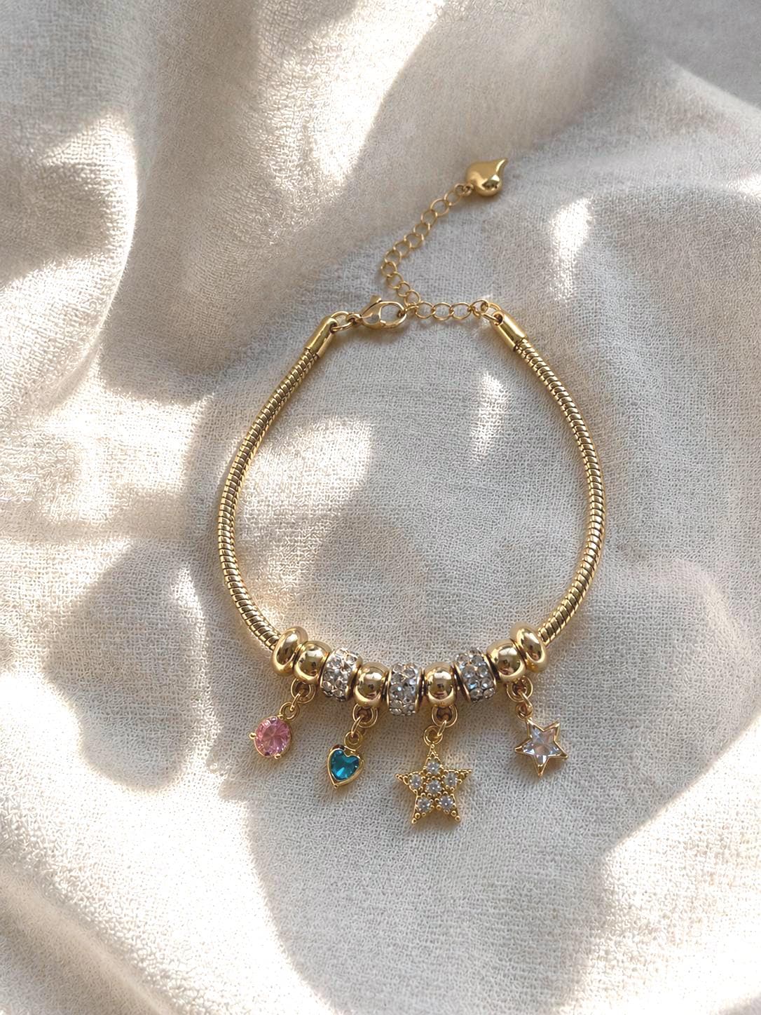 Gold Charm Bracelet for Women, 14K Gold Plated Stainless Steel, Adjustable Non Tarnish Bracelet, Cute Star Charm Jewelry Gift