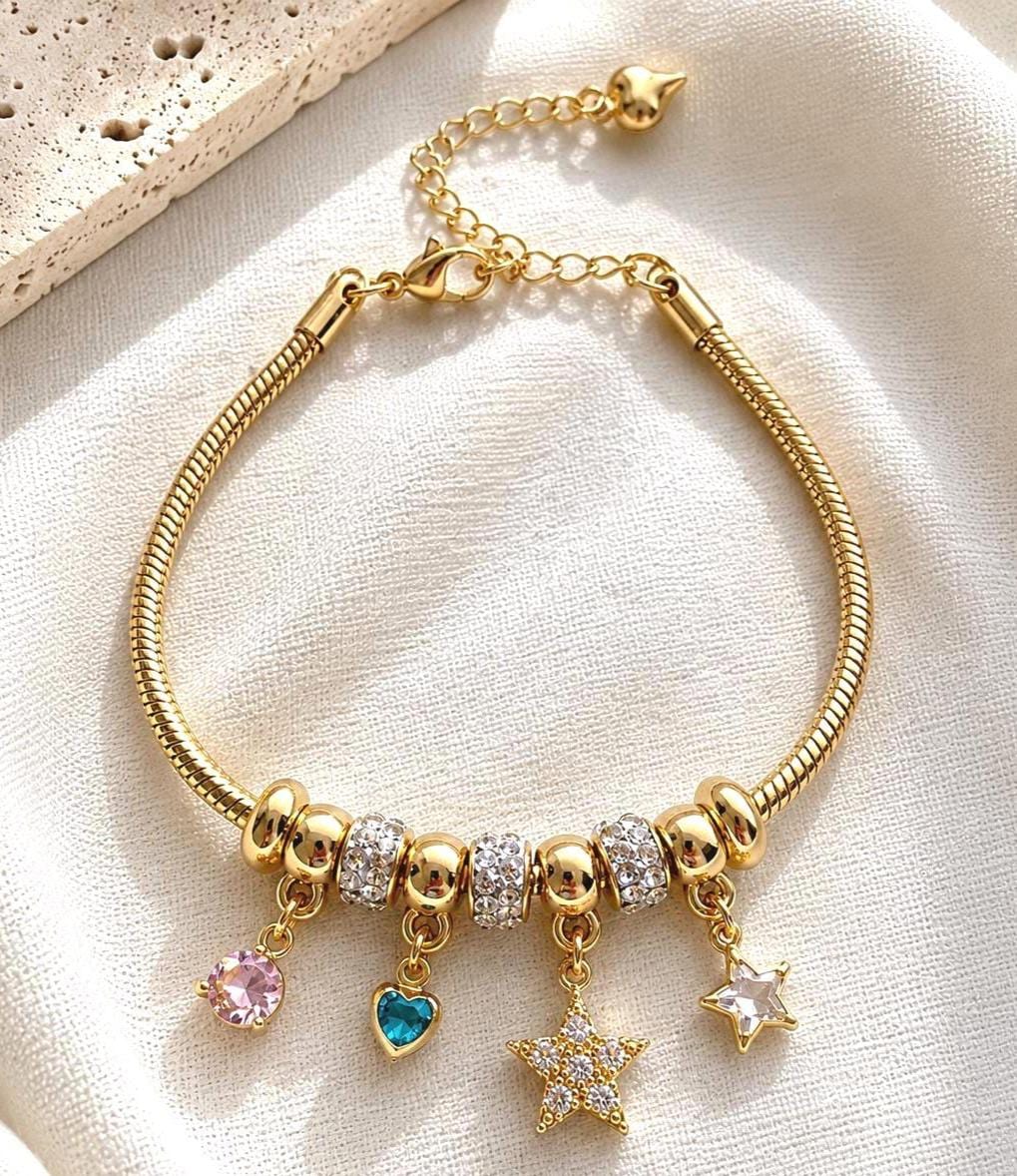 Gold Charm Bracelet for Women, 14K Gold Plated Stainless Steel, Adjustable Non Tarnish Bracelet, Cute Star Charm Jewelry Gift