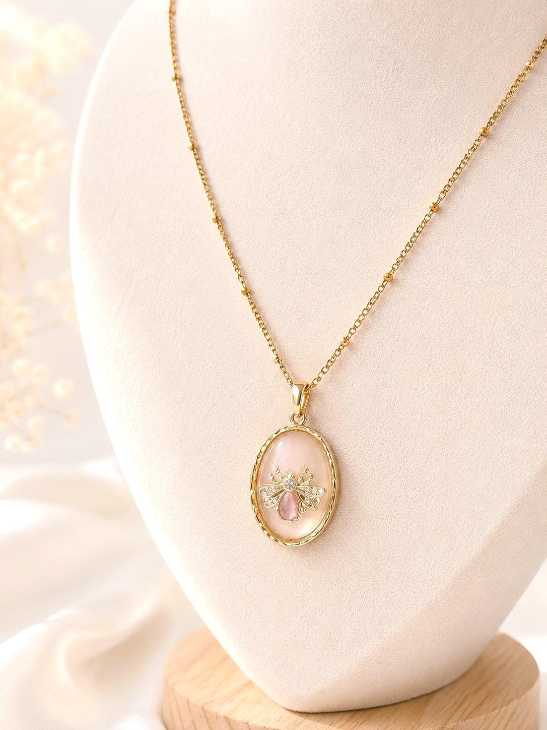 Gold Bee Necklace, Dainty Pink Pendant Necklace, 14K Gold Plated Stainless Steel Necklace, Bee Jewelry Gift for Her, Feminine Jewelry