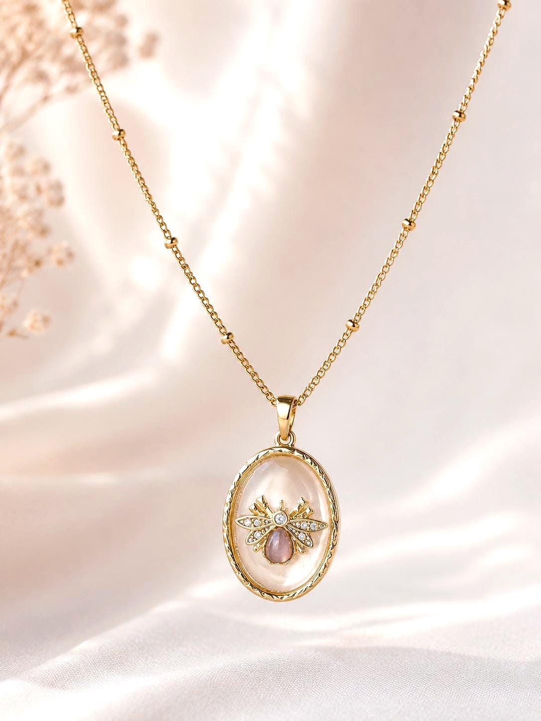 Gold Bee Necklace, Dainty Pink Pendant Necklace, 14K Gold Plated Stainless Steel Necklace, Bee Jewelry Gift for Her, Feminine Jewelry
