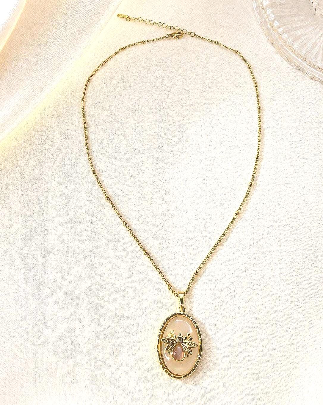 Gold Bee Necklace, Dainty Pink Pendant Necklace, 14K Gold Plated Stainless Steel Necklace, Bee Jewelry Gift for Her, Feminine Jewelry