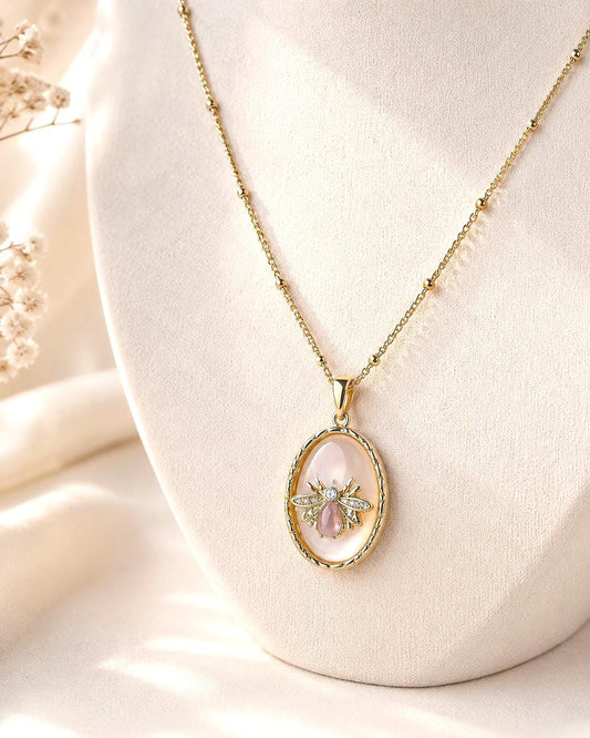 Gold Bee Necklace, Dainty Pink Pendant Necklace, 14K Gold Plated Stainless Steel Necklace, Bee Jewelry Gift for Her, Feminine Jewelry