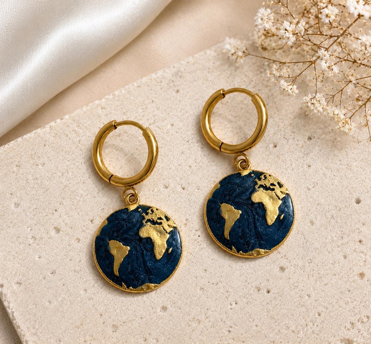 Gold Globe Earrings, 18K Gold Plated Stainless Steel Hoop Earrings, World Map Dangle Earrings, Travel Lover Gift, Blue Earth Jewelry