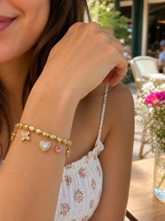 Gold Charm Bracelet, Heart & Clover Bracelet, Gold Plated Stainless Steel, Adjustable Chain Bracelet, Gift for Her