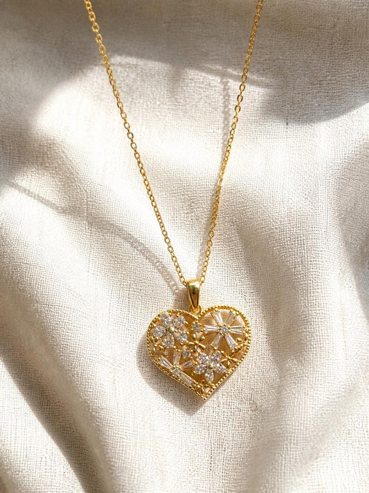 Gold Heart Necklace, Vintage Floral Pendant Necklace, Crystal Heart Jewelry, Gold Plated Stainless Steel, Gift for Her