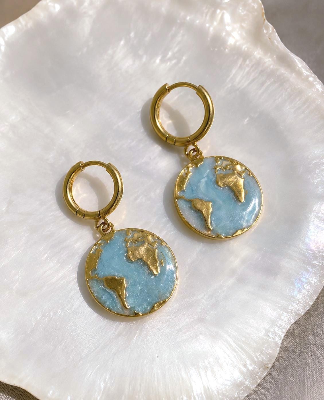 18K Gold Plated Globe Earrings, Stainless Steel World Map Hoop Earrings, Travel Lover Gift, Dangle Earrings, Blue Enamel Statement Jewelry