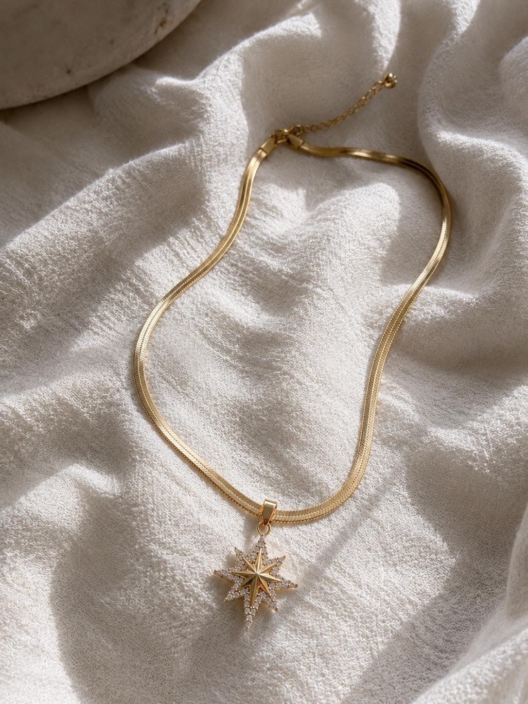 Gold Starburst Necklace for Women, 18K Gold Plated Stainless Steel, CZ North Star Pendant, Adjustable Herringbone Chain, Tarnish Resistant