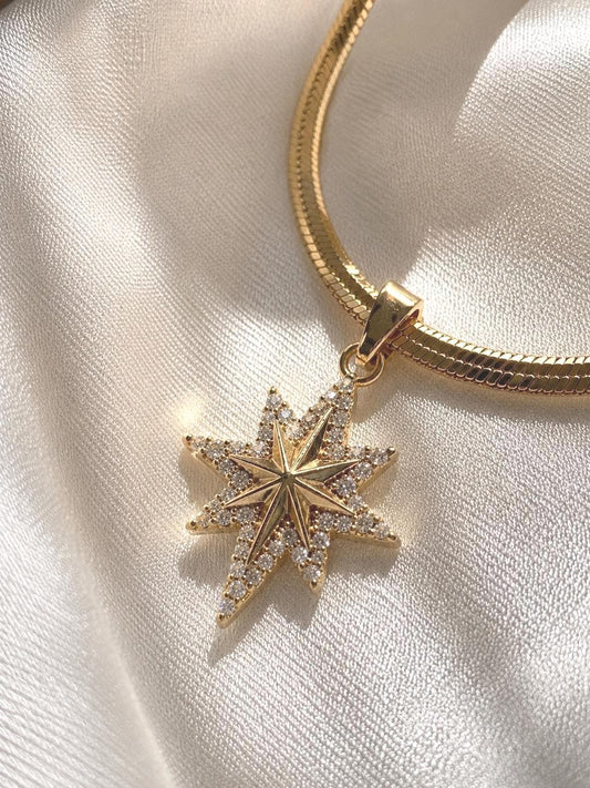 Gold Starburst Necklace for Women, 18K Gold Plated Stainless Steel, CZ North Star Pendant, Adjustable Herringbone Chain, Tarnish Resistant