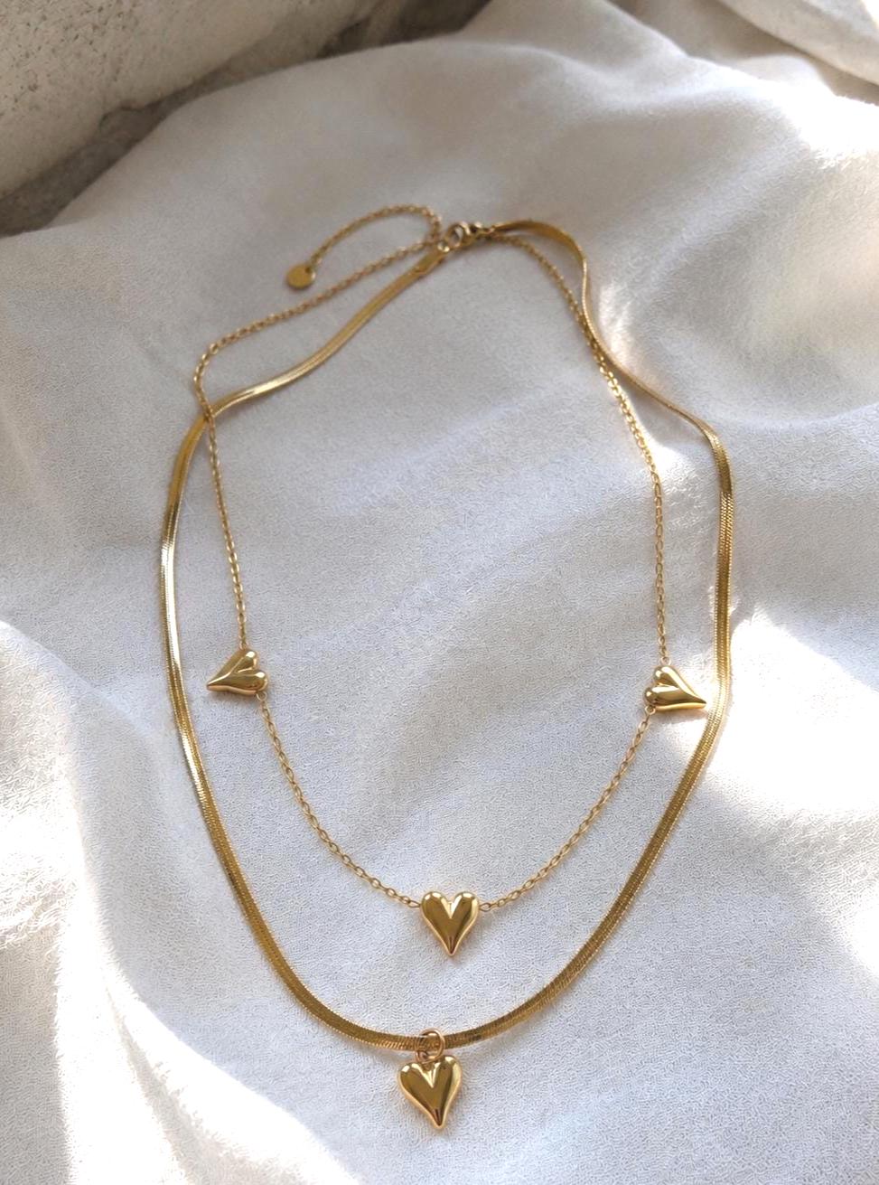 Gold Layered Heart Necklace for Women, Waterproof 316L Stainless Steel, Adjustable Double Layer Necklace, Minimalist Jewelry Gift