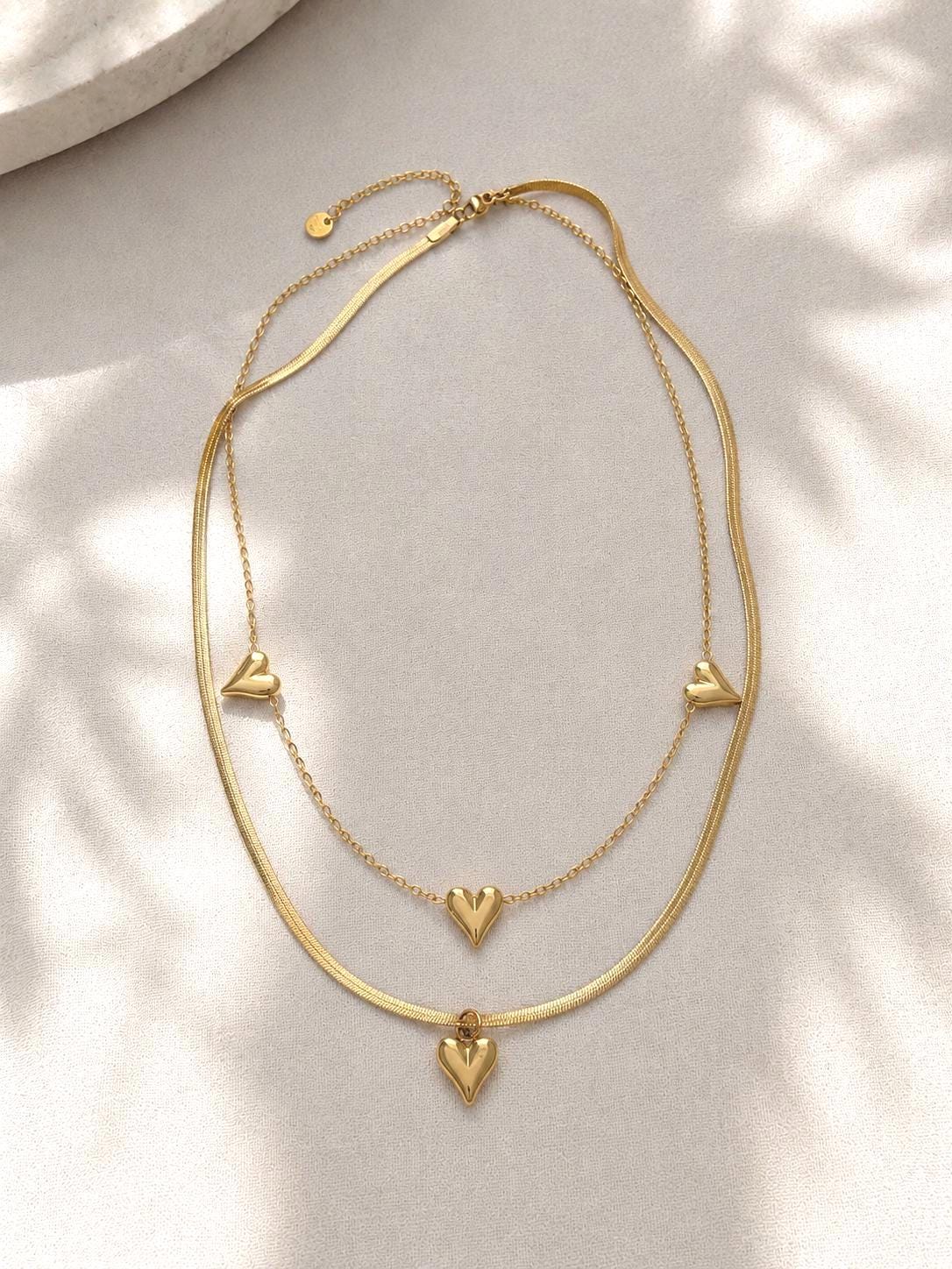 Gold Layered Heart Necklace for Women, Waterproof 316L Stainless Steel, Adjustable Double Layer Necklace, Minimalist Jewelry Gift
