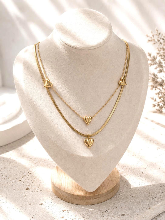 Gold Layered Heart Necklace for Women, Waterproof 316L Stainless Steel, Adjustable Double Layer Necklace, Minimalist Jewelry Gift