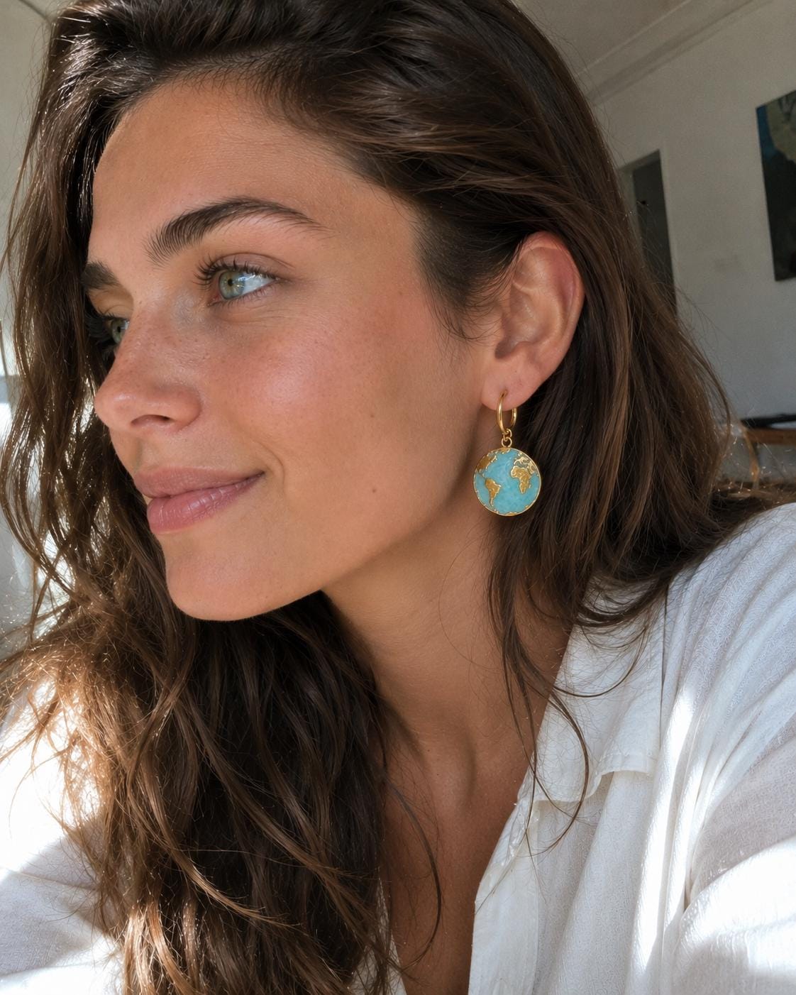 18K Gold Plated Globe Earrings, Stainless Steel World Map Hoop Earrings, Travel Lover Gift, Dangle Earrings, Blue Enamel Statement Jewelry