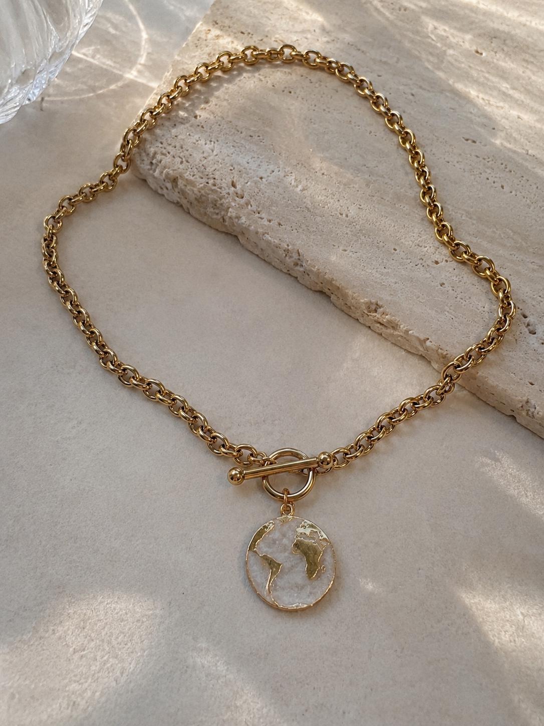 Chunky Gold Globe Necklace, World Charm Toggle Necklace, 14K Gold Plated 316L Stainless Steel Travel Jewelry Gift for Her