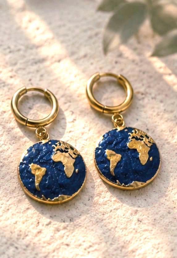Gold Globe Earrings, 18K Gold Plated Stainless Steel Hoop Earrings, World Map Dangle Earrings, Travel Lover Gift, Blue Earth Jewelry