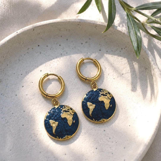 Gold Globe Earrings, 18K Gold Plated Stainless Steel Hoop Earrings, World Map Dangle Earrings, Travel Lover Gift, Blue Earth Jewelry