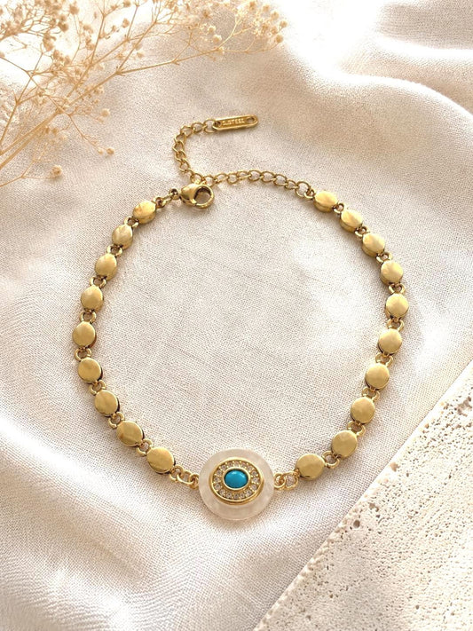 Gold Plated Stainless Steel Evil Eye Bracelet, Adjustable Chain Jewelry