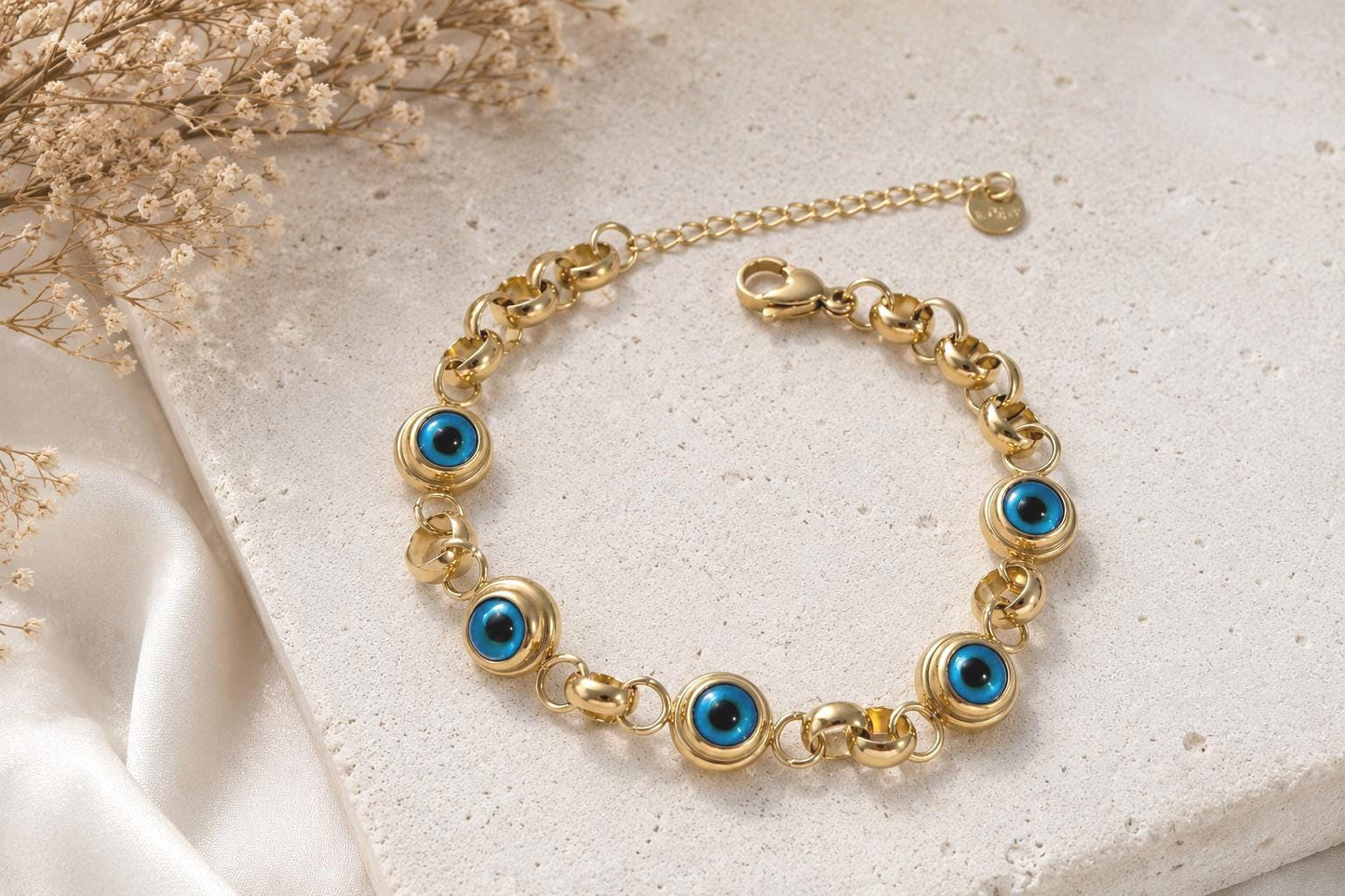 Gold Evil Eye Bracelet | Stainless Steel Chain, Protection Jewelry|Gold Adjustable Bracelet
