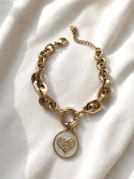 Chunky Heart Charm Bracelet Gold, 316L Stainless Steel Bracelet, 14K Gold Plated Adjustable Bracelet, Mother of Pearl Jewelry