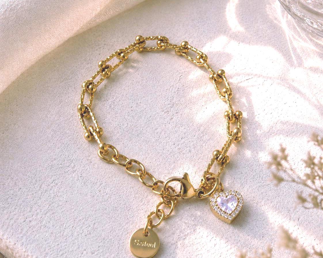 Personalized Gold Charm Bracelet, Initial Bracelet with Birthstone, Gold Plated Stainless Steel Bracelet, Adjustable Heart Charm Gift