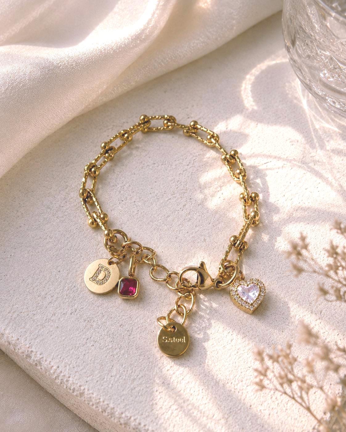 Personalized Gold Charm Bracelet, Initial Bracelet with Birthstone, Gold Plated Stainless Steel Bracelet, Adjustable Heart Charm Gift