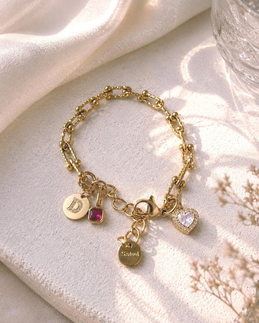 Personalized Gold Charm Bracelet, Initial Bracelet with Birthstone, Gold Plated Stainless Steel Bracelet, Adjustable Heart Charm Gift