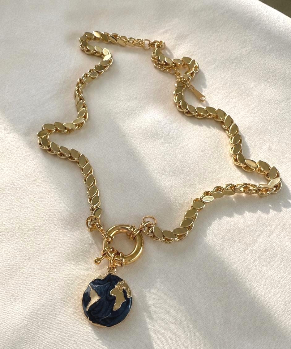 Chunky Gold Necklace with Blue Pendant, Bold Flat Chain Necklace, Toggle Necklace, 14K Gold Plated Stainless Steel
