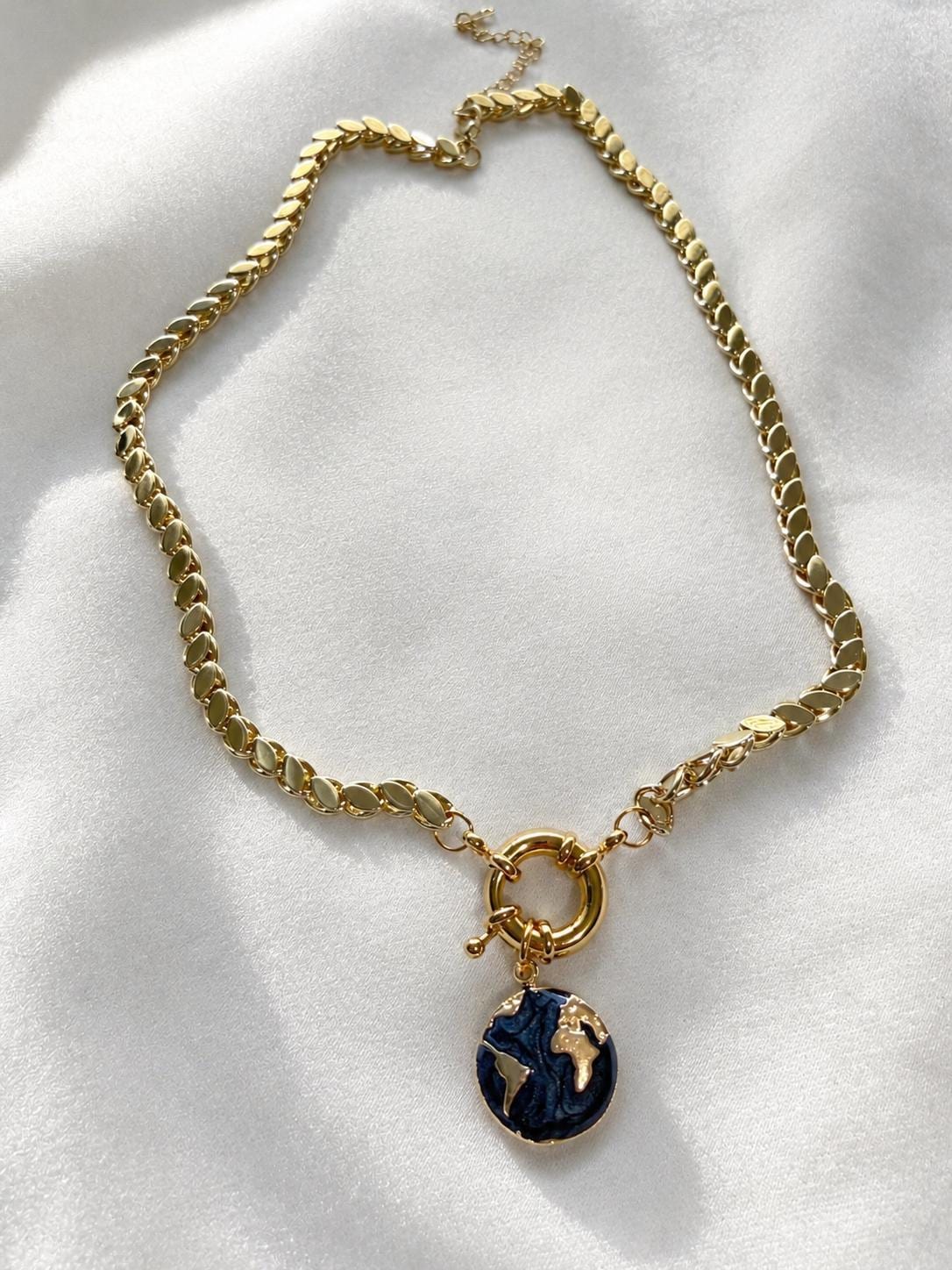 Chunky Gold Necklace with Blue Pendant, Bold Flat Chain Necklace, Toggle Necklace, 14K Gold Plated Stainless Steel