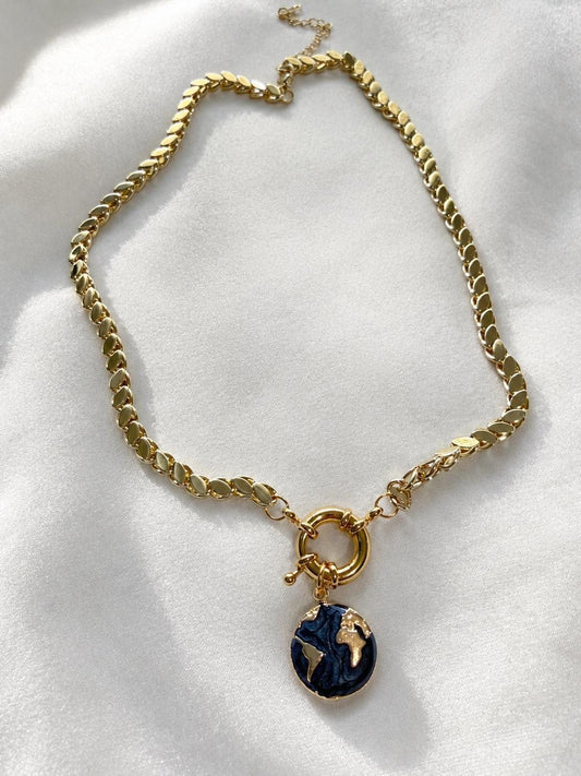 Chunky Gold Necklace with Blue Pendant, Bold Flat Chain Necklace, Toggle Necklace, 14K Gold Plated Stainless Steel