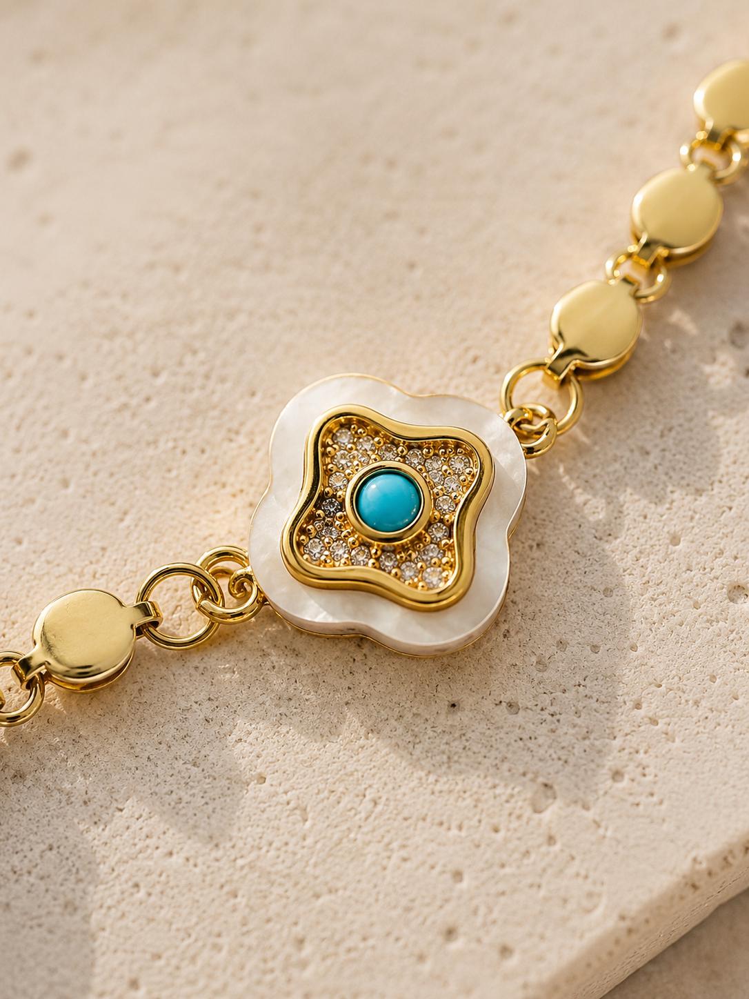 Turquoise Mother of Pearl Bracelet|Gold Charm Bracelet|Waterproof Gold Bracelet|Coastal Beach Jewelry|Gift for Her