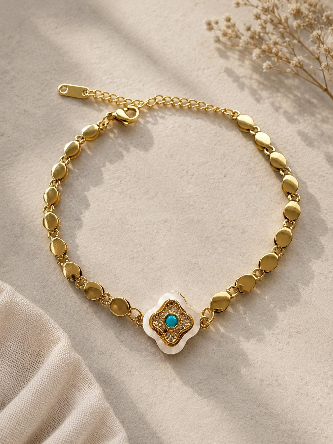 Turquoise Mother of Pearl Bracelet|Gold Charm Bracelet|Waterproof Gold Bracelet|Coastal Beach Jewelry|Gift for Her