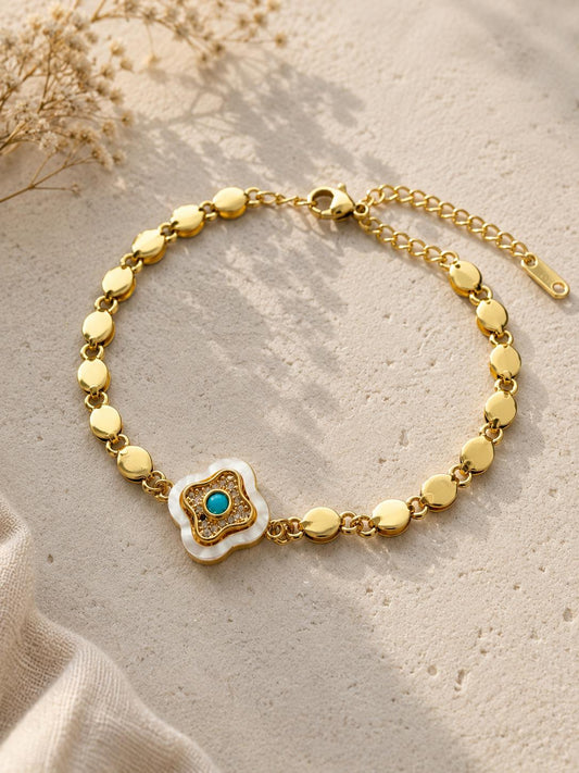 Turquoise Mother of Pearl Bracelet|Gold Charm Bracelet|Waterproof Gold Bracelet|Coastal Beach Jewelry|Gift for Her