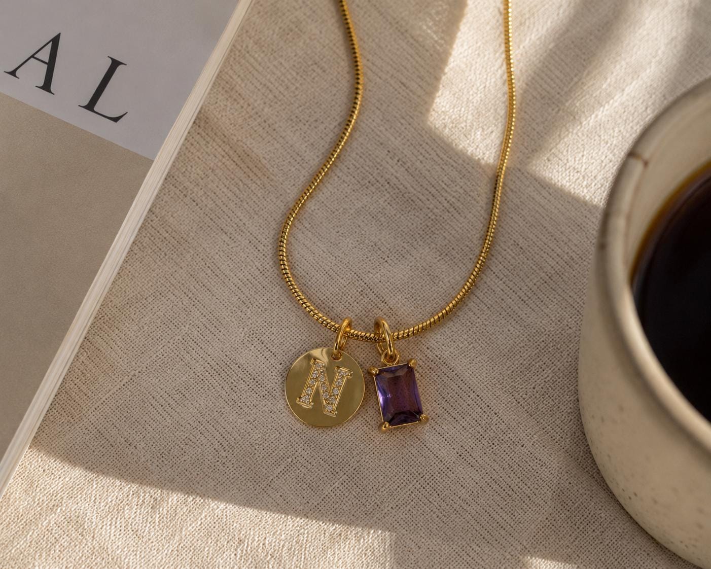 Personalized Initial Birthstone Necklace, Emerald Cut CZ Necklace, Gold Snake Chain Necklace, Custom Charm Necklace, 18K Gold Plated Jewelry
