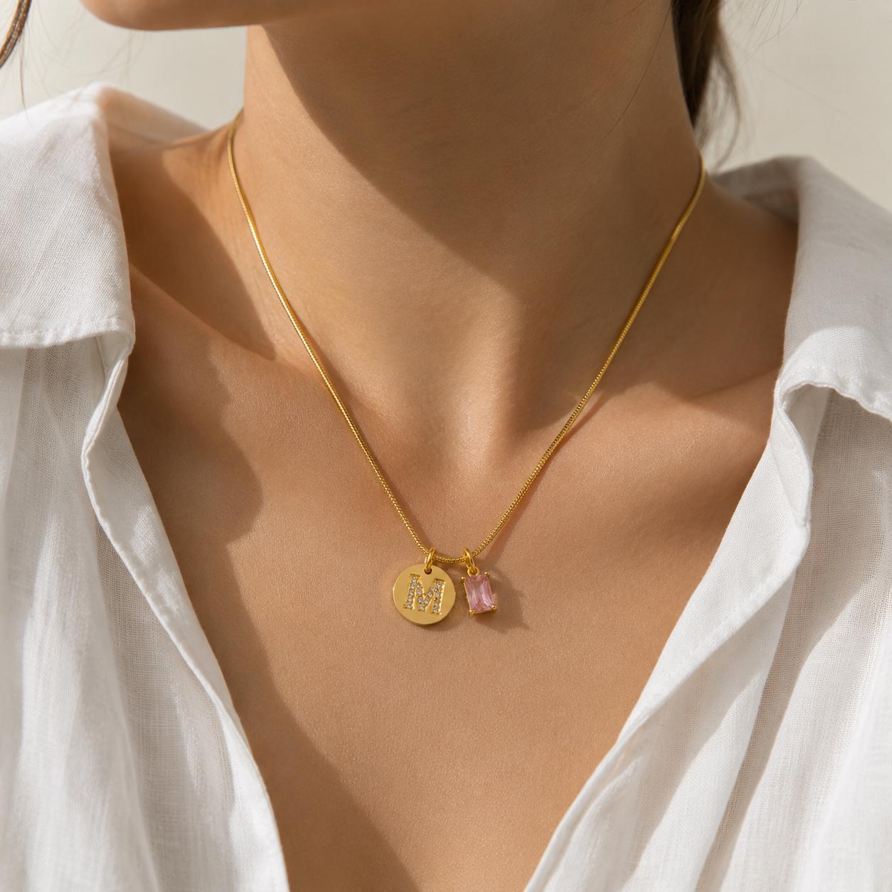 Personalized Initial Birthstone Necklace, Emerald Cut CZ Necklace, Gold Snake Chain Necklace, Custom Charm Necklace, 18K Gold Plated Jewelry