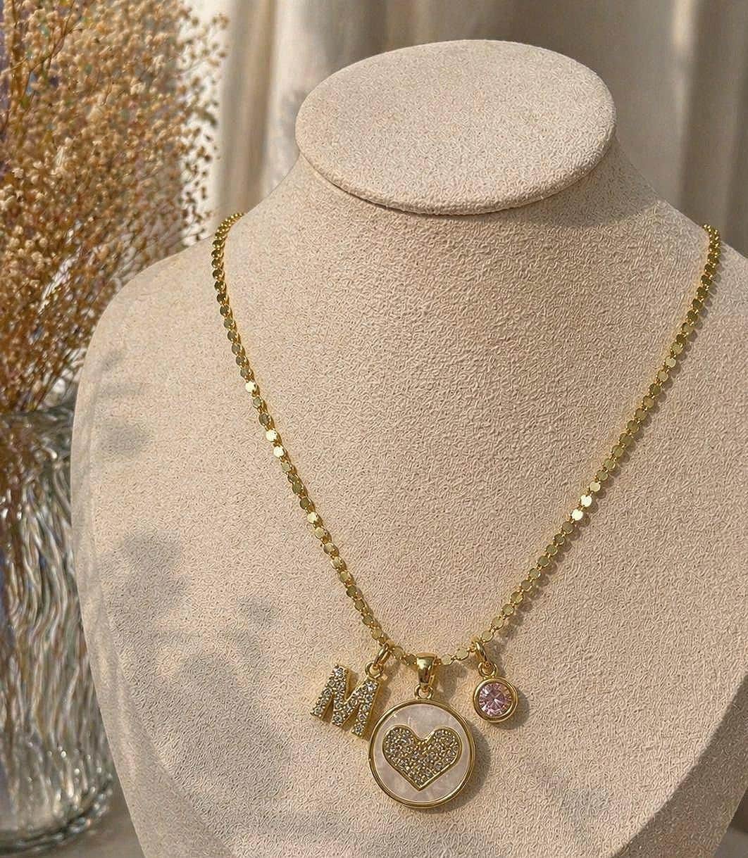 Personalized Pearl Heart Dot Chain Necklace, Gold Initial & Birthstone Charm Necklace, Mother of Pearl Style Pendant