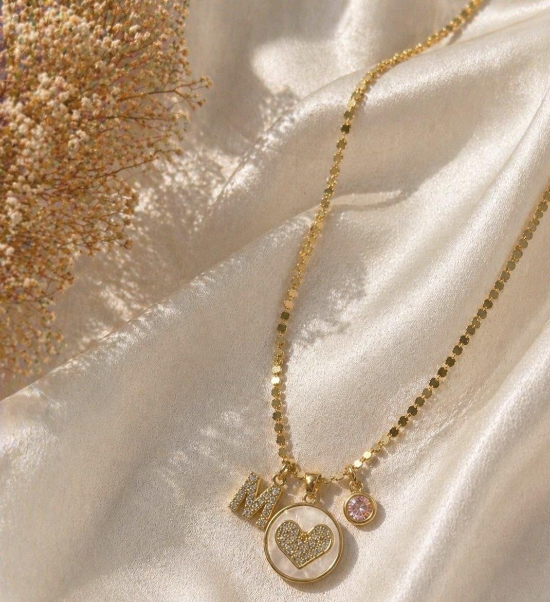 Personalized Pearl Heart Dot Chain Necklace, Gold Initial & Birthstone Charm Necklace, Mother of Pearl Style Pendant