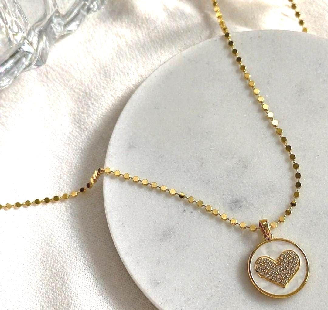 Personalized Pearl Heart Dot Chain Necklace, Gold Initial & Birthstone Charm Necklace, Mother of Pearl Style Pendant