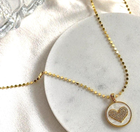 Personalized Pearl Heart Dot Chain Necklace, Gold Initial & Birthstone Charm Necklace, Mother of Pearl Style Pendant
