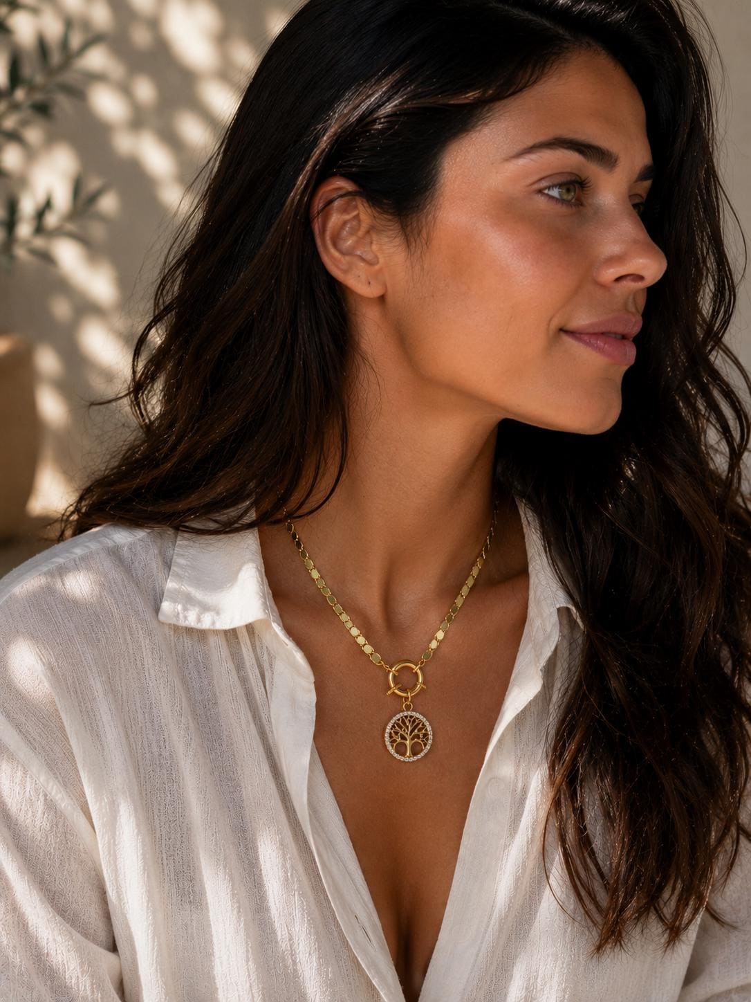 Chunky Gold Necklace, Toggle Chain Statement Necklace, Tree of Life Pendant, Gold Plated Stainless Steel Jewelry