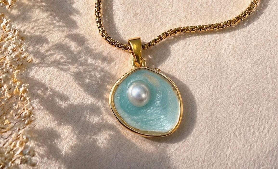 Coastal Pearl Necklace, Ocean Pendant Necklace, Gold Pearl Necklace, Beach Jewelry, Mermaid Necklace, Waterproof Necklace, Gift for Her
