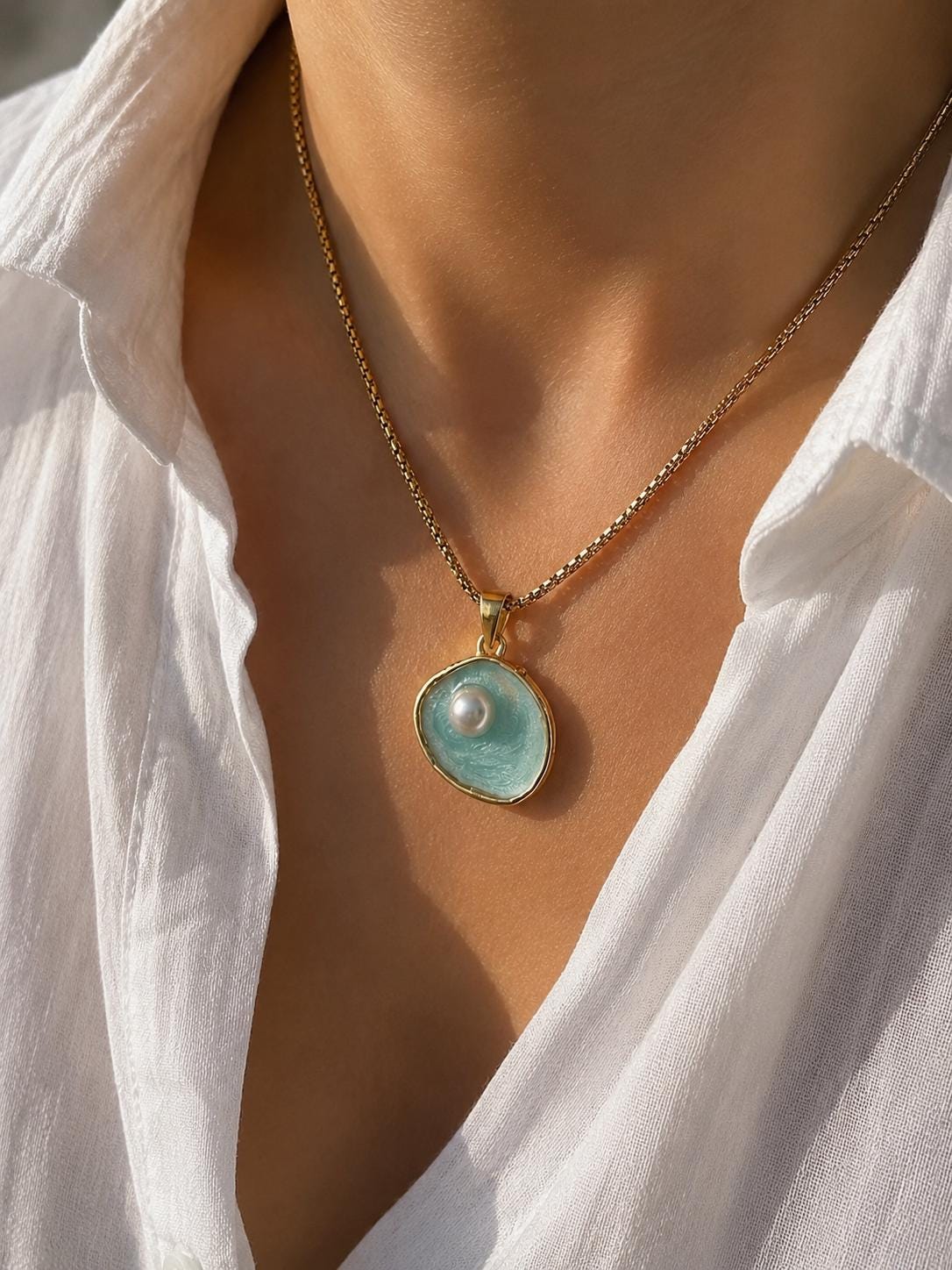 Coastal Pearl Necklace, Ocean Pendant Necklace, Gold Pearl Necklace, Beach Jewelry, Mermaid Necklace, Waterproof Necklace, Gift for Her