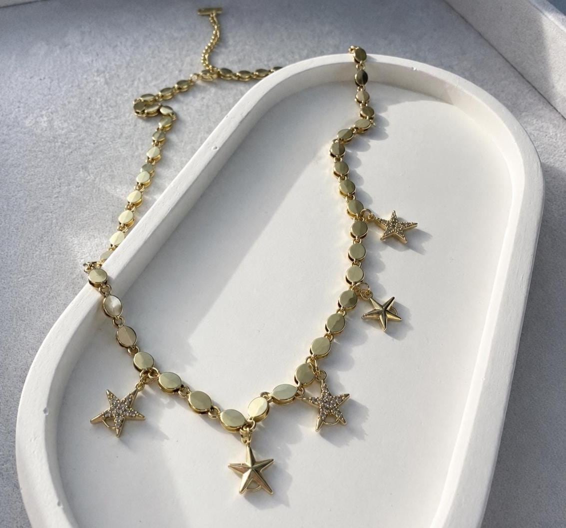 Celestial Star Charm Necklace Gold, Stainless Steel Gold Plated Necklace, Adjustable Coastal Jewelry, Dainty Layering Necklace