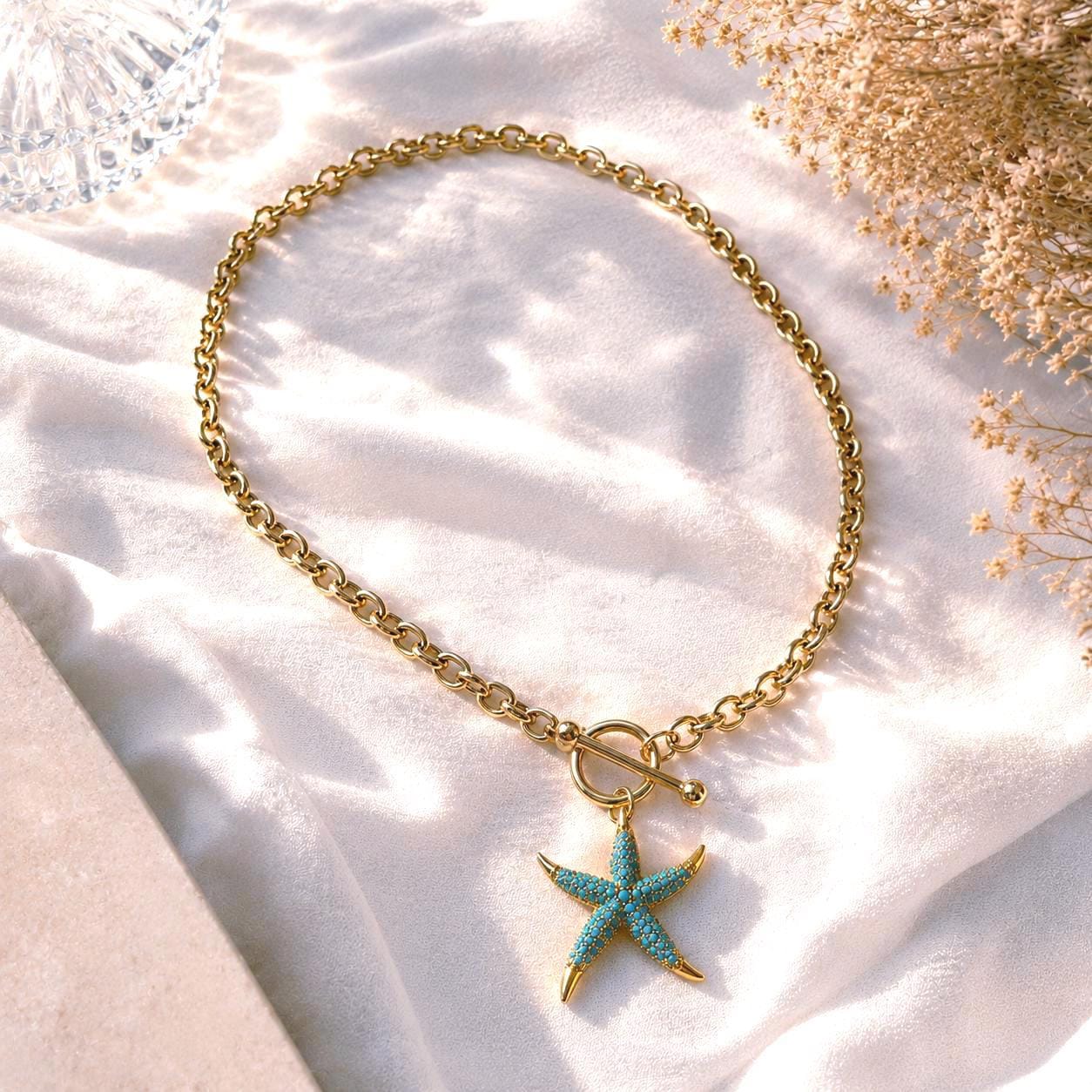 Starfish Toggle Necklace, Chunky Gold Beach Necklace, Coastal Jewelry, 14K Gold Plated Stainless Steel Ocean Necklace Gift for Her