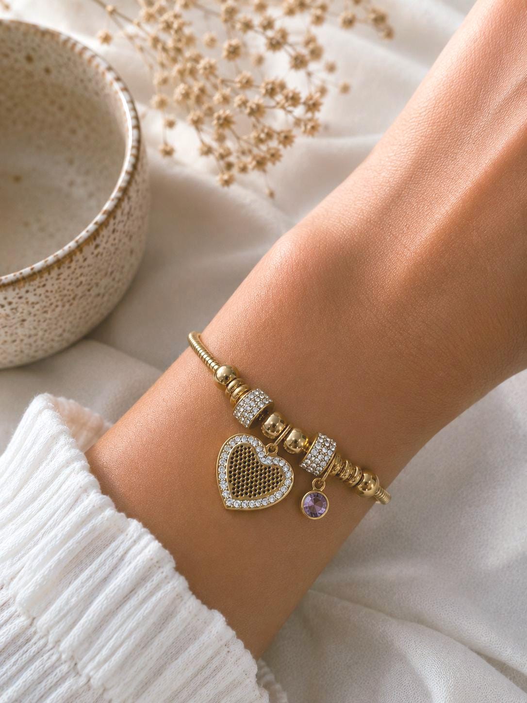 Gold Heart Bracelet, 14K Gold Plated Stainless Steel Charm Bracelet, Adjustable Dainty Bracelet, Trendy Jewelry Gift for Her