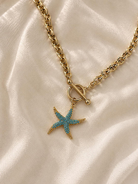 Starfish Toggle Necklace, Chunky Gold Beach Necklace, Coastal Jewelry, 14K Gold Plated Stainless Steel Ocean Necklace Gift for Her