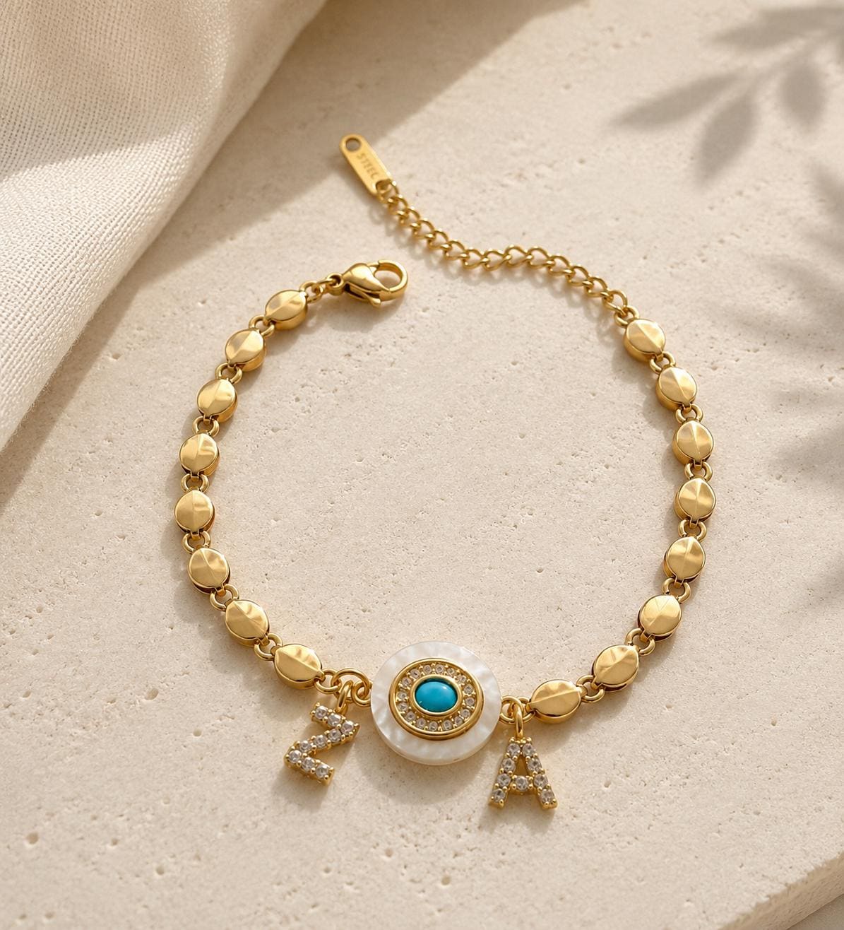 Gold Plated Stainless Steel Evil Eye Bracelet, Adjustable Chain Jewelry